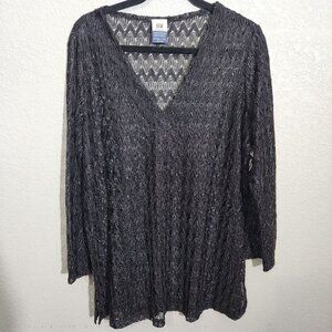 Womens Faded Glory Swim Cover-Up Top 2X Black Sheer Metallic Zigzag Knit V-Neck